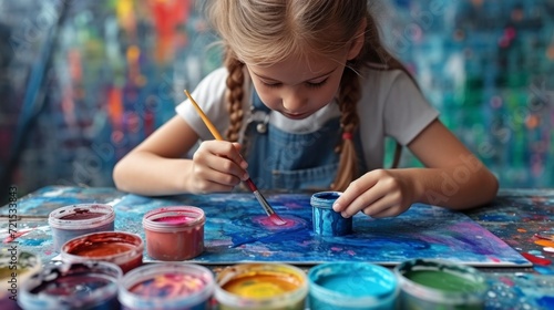 a young artist paints a picture with a cute Easter bunny using watercolor paints