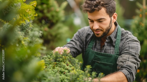 A young handsome gardener in a dark green apron trims a thuja into a round shape