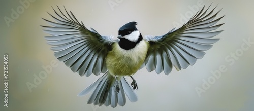Bird tit flying wide spread wings and flushing feathers. AI generated image