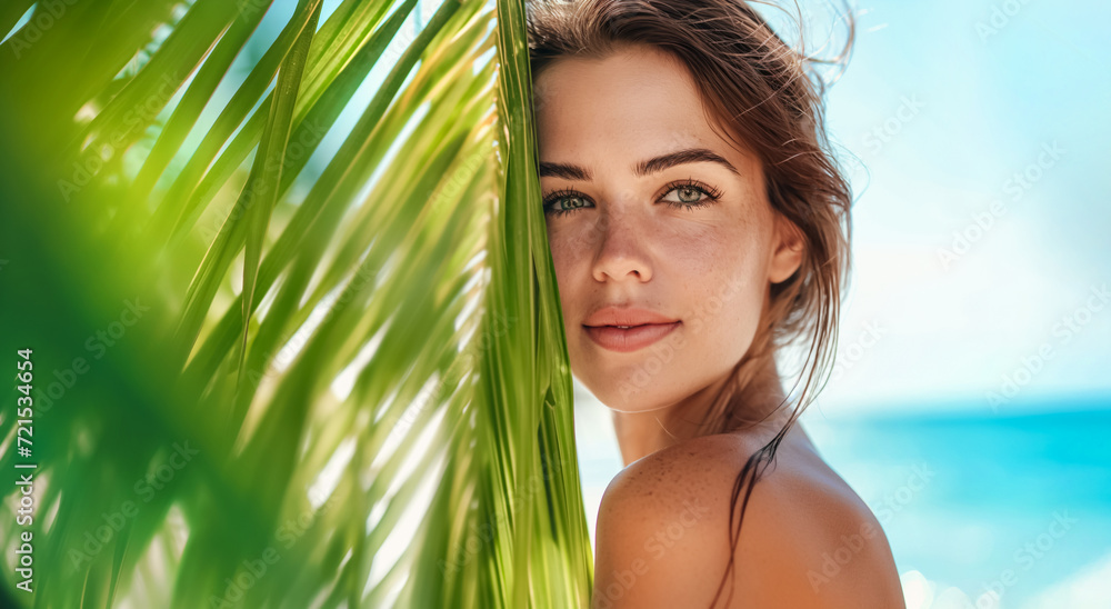 Portrait of beautiful smiling woman with shadows of palm leaf on her face. Skin care. Sun protection. Portrait of beautiful smiling woman with shadows of palm leaf on her face. Skin care. Sun protection.