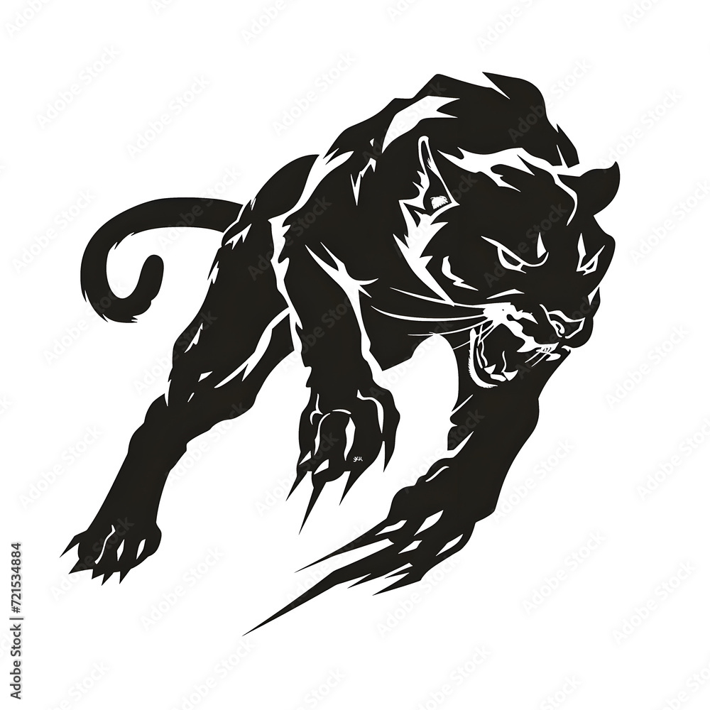 Fototapeta premium a panther running down on its tail, a black silhouette with claws on Transparent Background