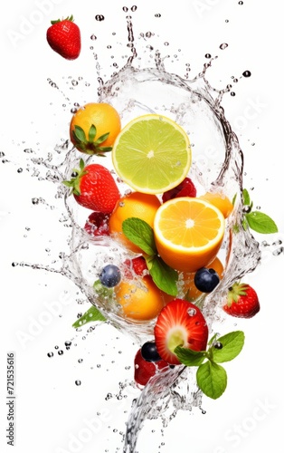 Multi fruit splashing in water splash isolated on white background. Fresh fruit
