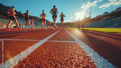 Athletes runners run up to the finish line at the stadium