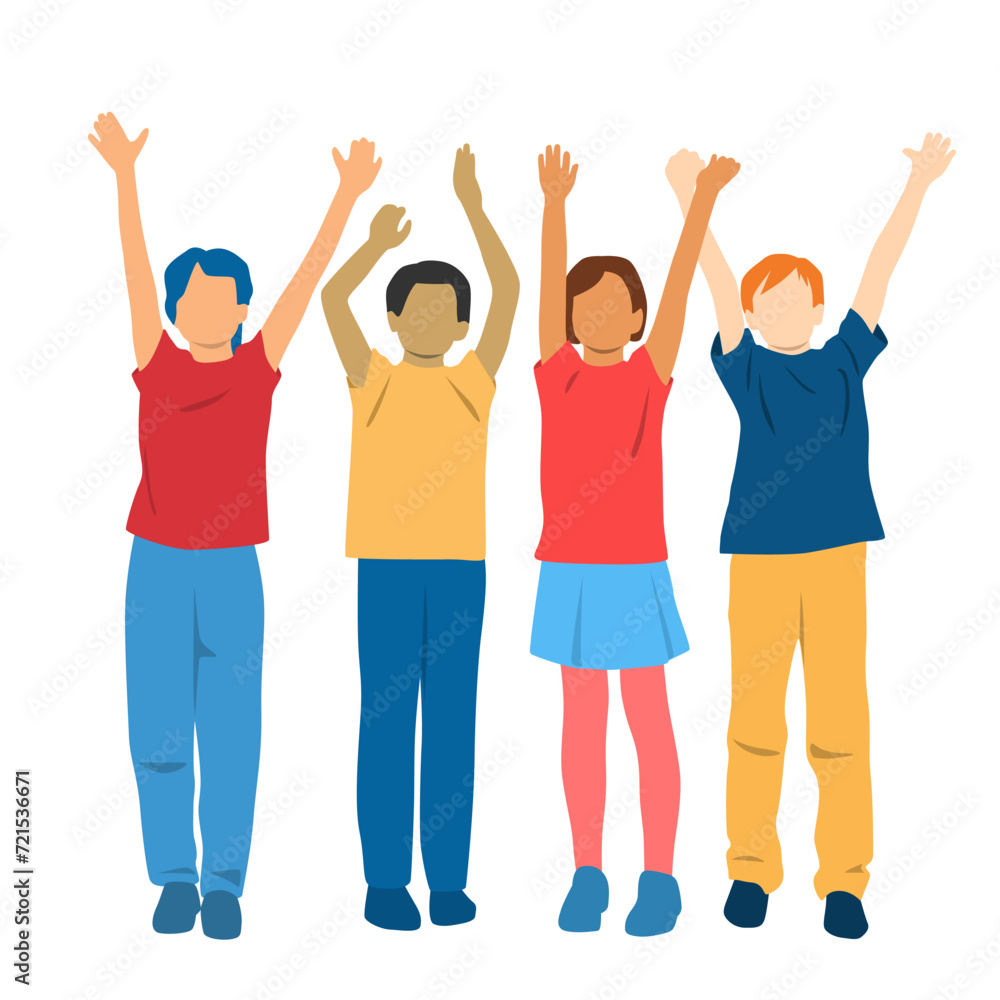 Set of boys and girls , profile, hands up,different colors, cartoon character, group of silhouettes of standing people, teenagers, design concept of flat icon, isolated on white background Set of boys and girls , profile, hands up,different colors, cartoon character, group of silhouettes of standing people, teenagers, design concept of flat icon, isolated on white background