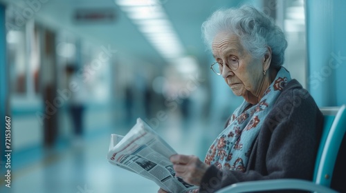 An elderly woman reads a book while sitting in a wheelchair on the veranda of...