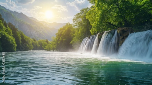 Beautiful background with a water hydro station on the river. Sunny summer day