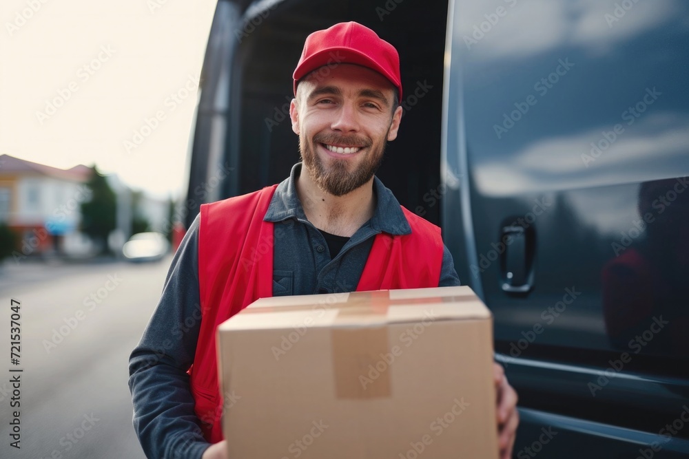 Delivery courier service. Delivery man in red cap and uniform holding a cardboard box near a van truck delivering to customer home. Delivery courier service. Delivery man in red cap and uniform holding a cardboard box near a van truck delivering to customer home.