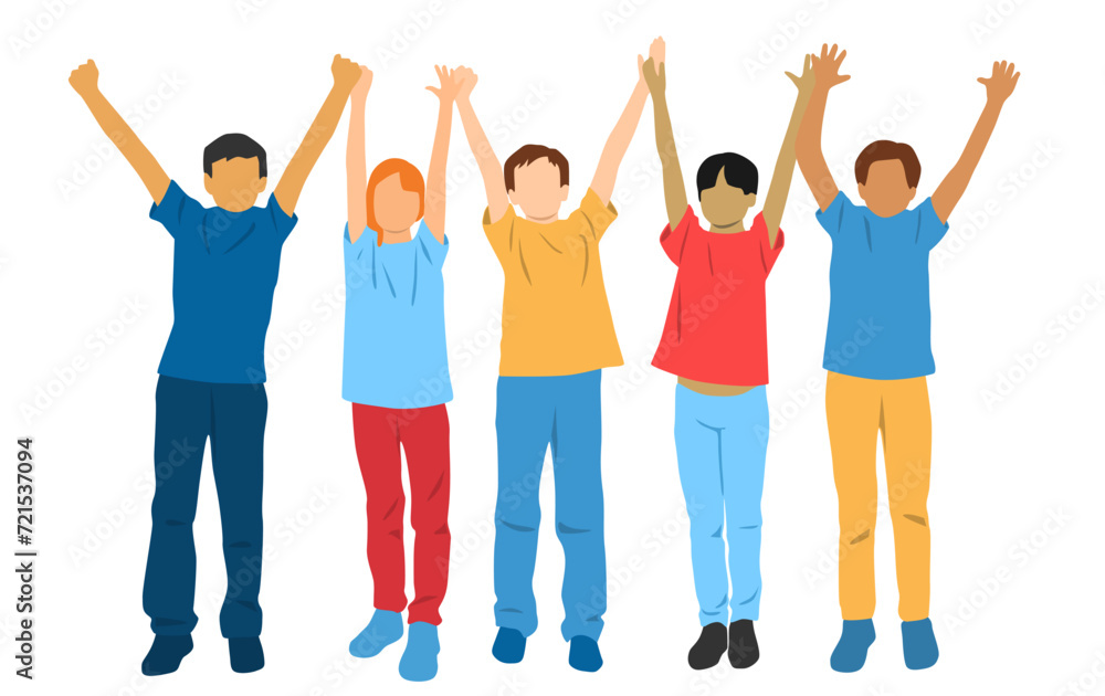 Fototapeta premium Set of boys and girls , profile, hands up,different colors, cartoon character, group of silhouettes of standing people, teenagers, design concept of flat icon, isolated on white background