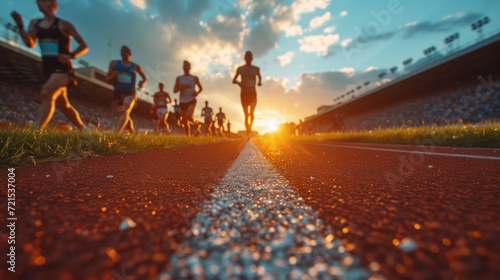 Athletes runners run up to the finish line at the stadium
