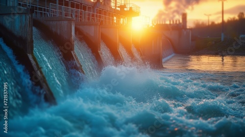 Beautiful background with a water hydro station on the river. Sunny summer day