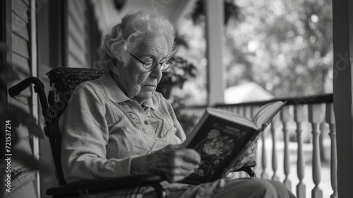 An elderly woman reads a book while sitting in a wheelchair on the veranda of...