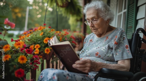 An elderly woman reads a book while sitting in a wheelchair on the veranda of...