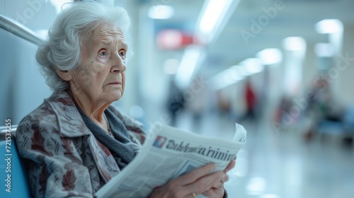 An elderly woman reads a book while sitting in a wheelchair on the veranda of...