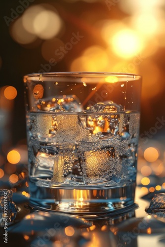 Close-up of a glass of water with ice cubes and bubbles in the sunlight