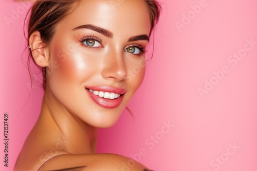 Close up portrait of beautiful young woman with perfect smooth glowing skin and toothy smile on pink background photo