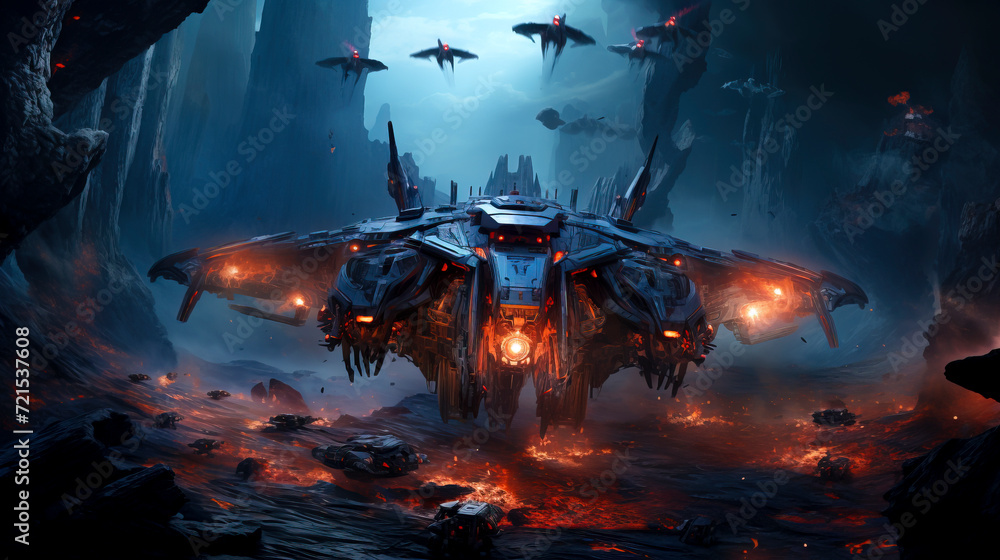 Intergalactic Warship Landing on a Hostile Exoplanet created with Generative AI technology Intergalactic Warship Landing on a Hostile Exoplanet created with Generative AI technology
