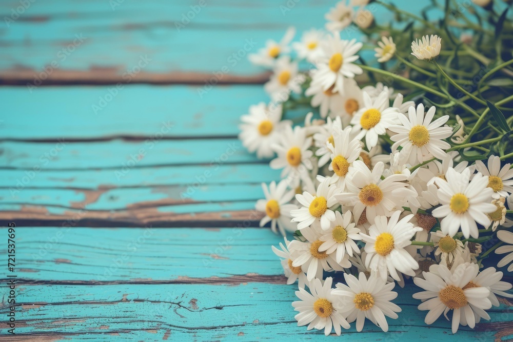 Obraz premium White daisies on a blue wooden background