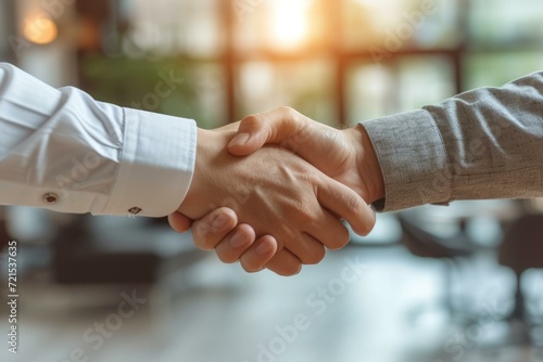 Two business people shaking hands in an office environment