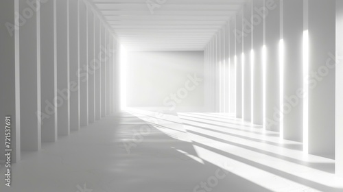 Futuristic empty white concrete room with bright light at the end of the hall