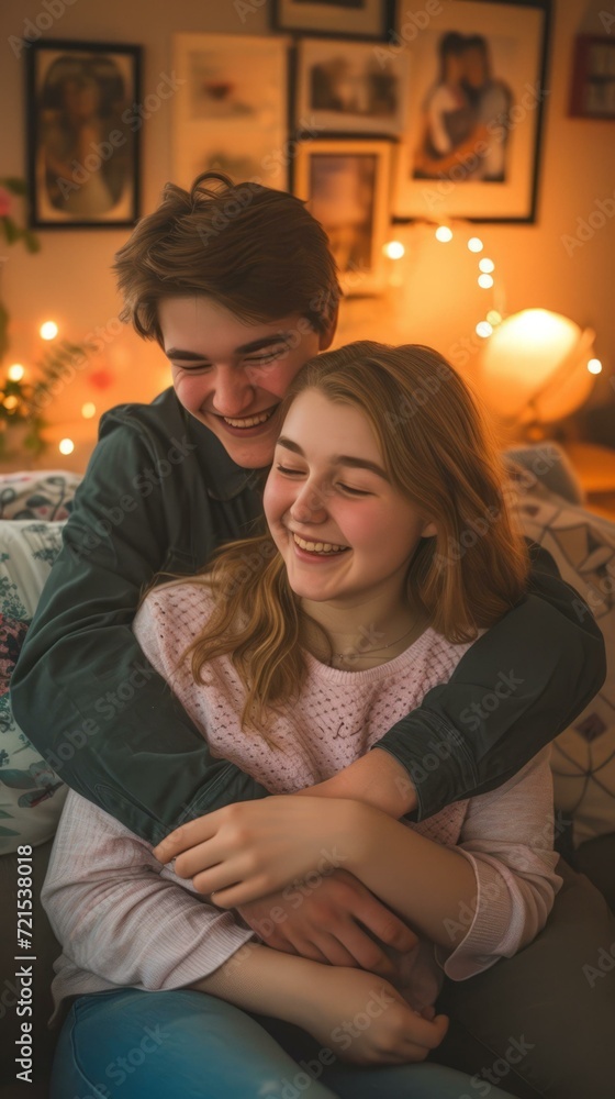 A young couple is sitting on a couch and hugging. A young couple is sitting on a couch and hugging.