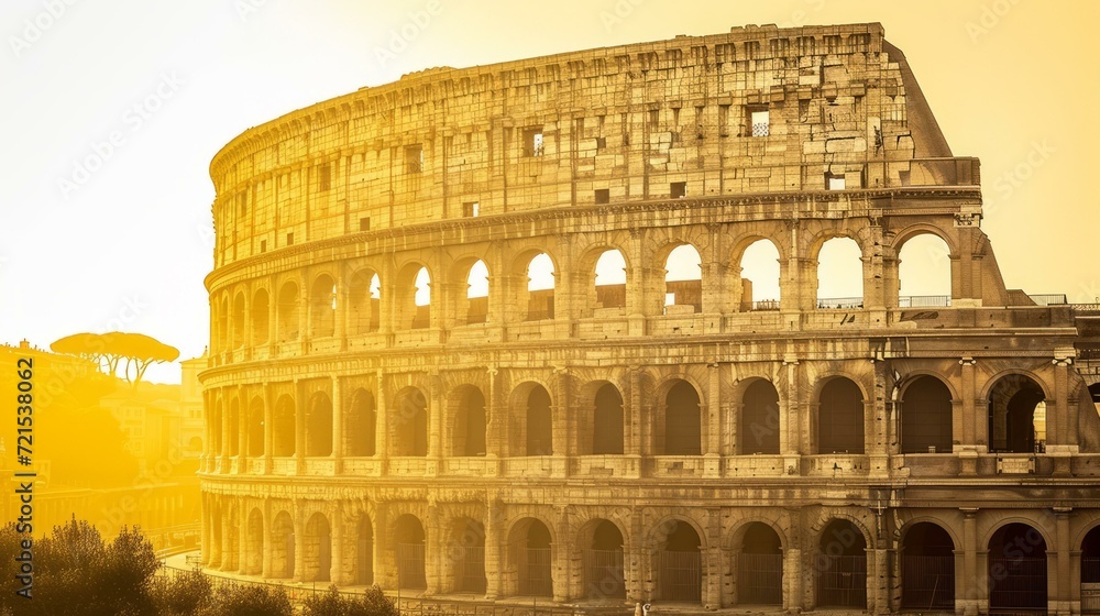 The Coliseum amphitheater in Rome, Italy, bathed in the warm glow of the setting sun