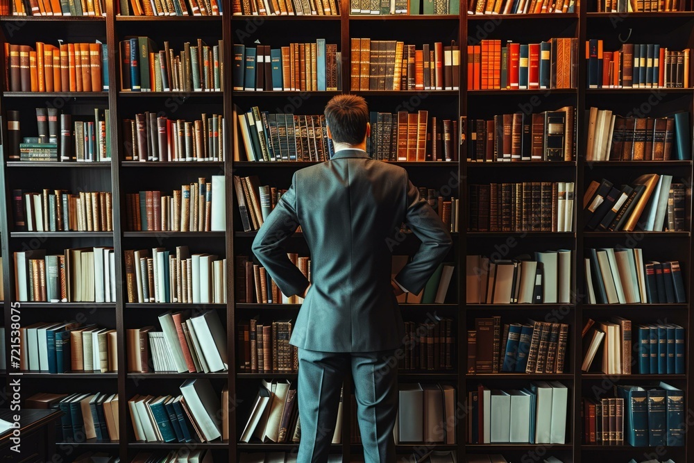 A man in a suit standing in a library, looking at the bookshelves. A man in a suit standing in a library, looking at the bookshelves.