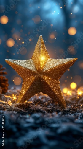 A golden glittering Christmas star on a snowy ground with blurred lights in the background