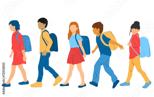 Set of boys and girls walking with backpack, profile, different colors, cartoon character, group of silhouettes of walk people, students, teenagers, design concept of flat icon, isolated on white 