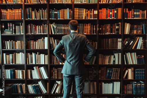 A man in a suit standing in a library, looking at the bookshelves.