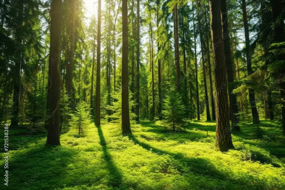 Fototapeta premium The sun shines through the tall trees in the forest