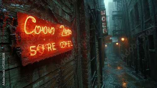 A dark and rainy alleyway with a red neon sign that says Coon 215 Hotel photo