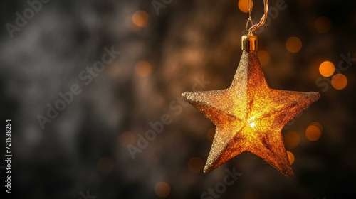 Golden Christmas star decoration hanging on blurred background with lights