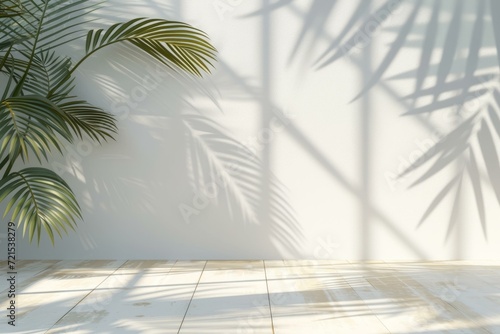 Sunlight shining through a window onto a white wall and wooden floor with a potted palm tree in the corner