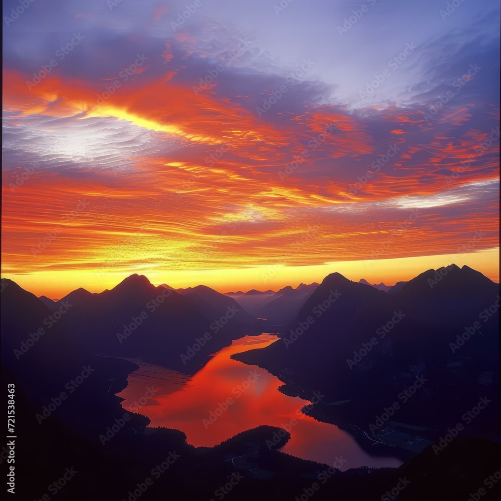 Mountains and lake under vibrant red clouds