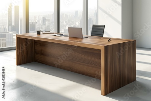 Modern office interior with large wooden desk and comfortable chair near window with skyscraper view