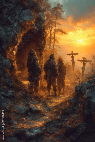 Fotografia Three soldiers standing in front of the crucifixion of Jesus