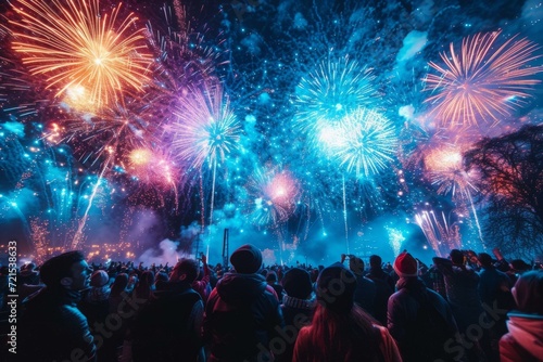 Fireworks light up the sky above a crowd of people during a New Year's Eve celebration