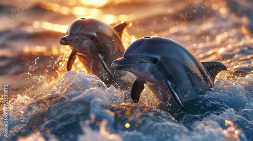 Two dolphins jumping out of the water at sunset © Adobe Contributor