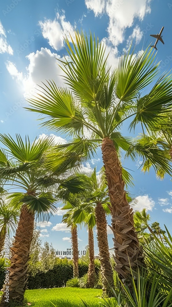 Palm trees against the background of the blue sky and white clouds with a plane flying high above Palm trees against the background of the blue sky and white clouds with a plane flying high above