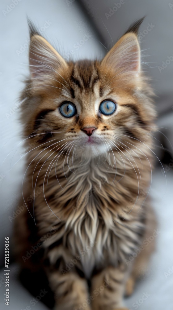 A cute tabby kitten with blue eyes is sitting on a white surface and looking at the camera