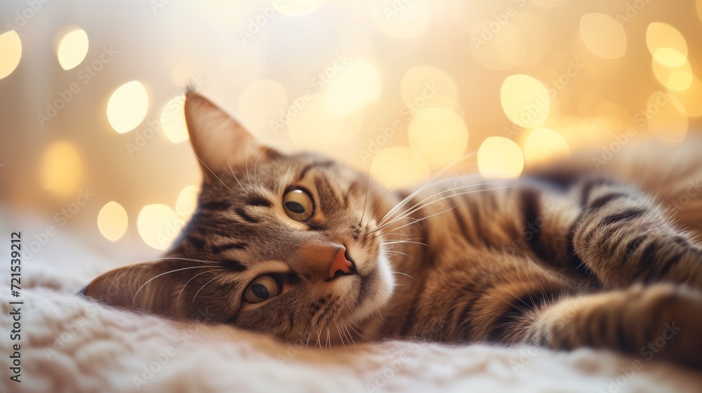 Relaxed striped cat lying on soft fabric, warm lights creating cozy atmosphere