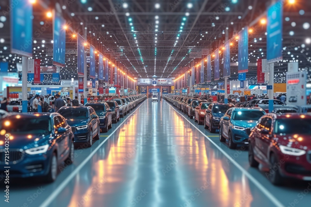 A large hall filled with cars of various colors and models.