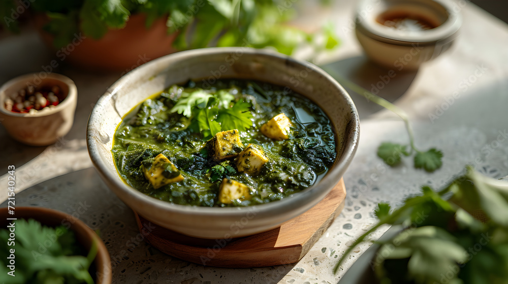 On the table is an authentic saag paneer, a meticulously prepared homemade North Indian delicacy incorporating spinach and cottage cheese. Generative AI On the table is an authentic saag paneer, a meticulously prepared homemade North Indian delicacy incorporating spinach and cottage cheese. Generative AI