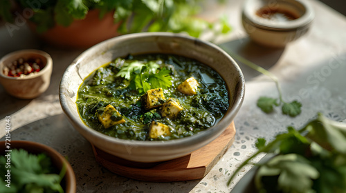 On the table is an authentic saag paneer, a meticulously prepared homemade North Indian delicacy incorporating spinach and cottage cheese. Generative AI