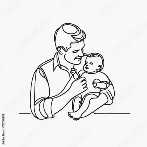 Continuous line drawing of father holding his baby. Vector illustration.