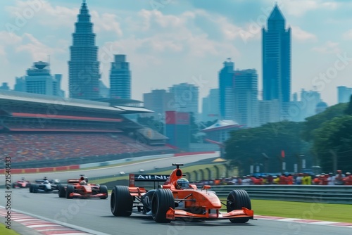 Formula One race cars speeding through a city street circuit