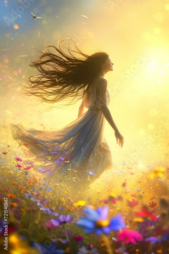An ethereal goddess-like woman in a flowing dress walks through a field of flowers with her hair blowing in the wind