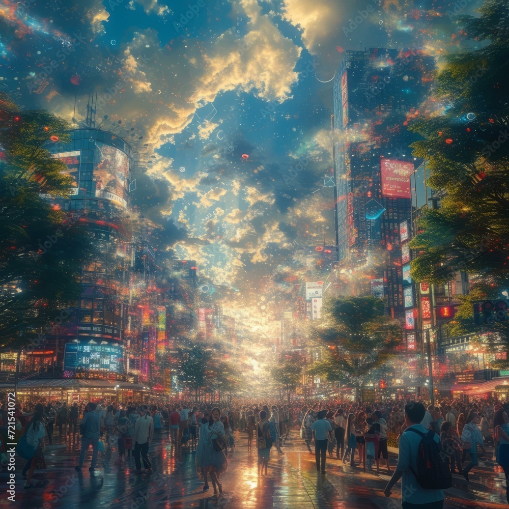 A crowded street in a cyberpunk city with people crossing the road