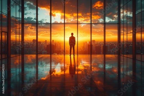 Businessman looking at the cityscape from the top floor of a skyscraper
