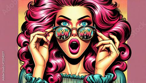 Comic book cartoon pop art style WOW woman with sunglasses in bright colors wallpaper background